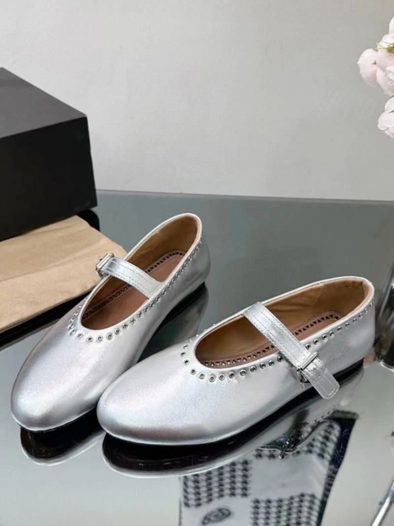 Dámské Ploché Boty Ballerina Flats Stříbrné Kulaté Špičky Mary Jane