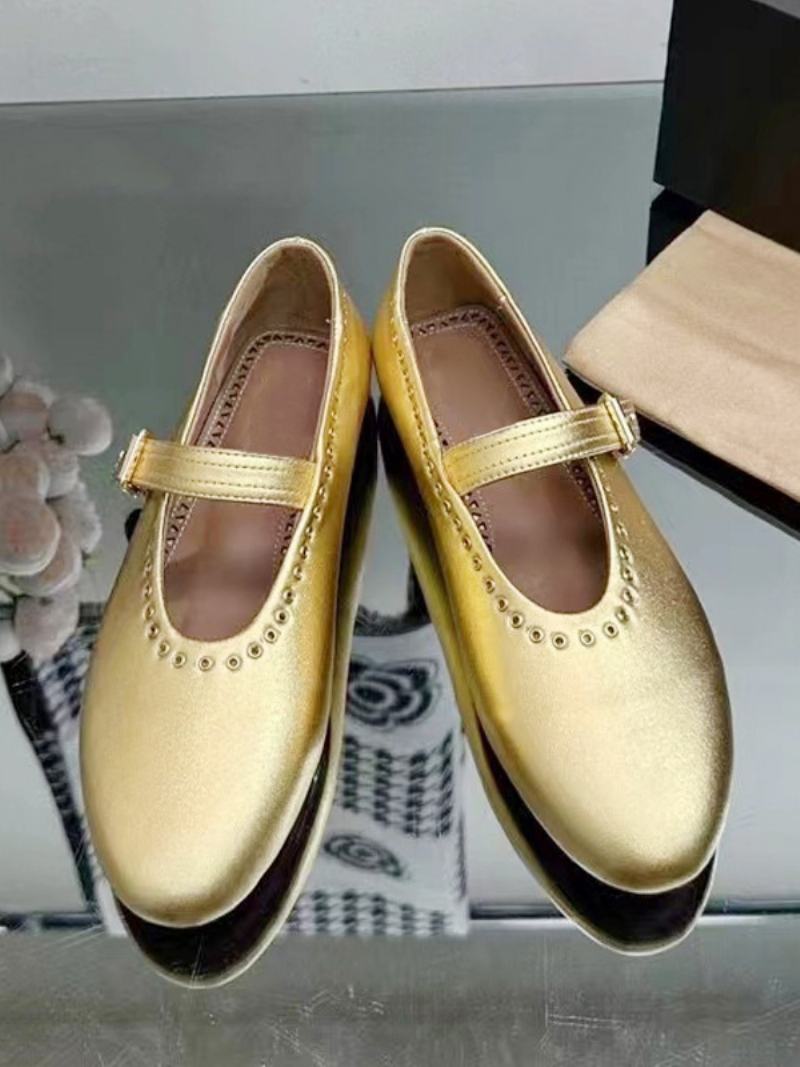 Dámské Ploché Boty Ballerina Flats Stříbrné Kulaté Špičky Mary Jane - Zlatá