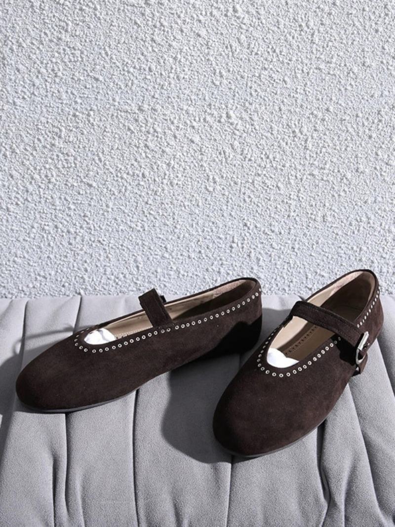 Dámské Ploché Boty Ballerina Flats Stříbrné Kulaté Špičky Mary Jane - Sytě Hnědá