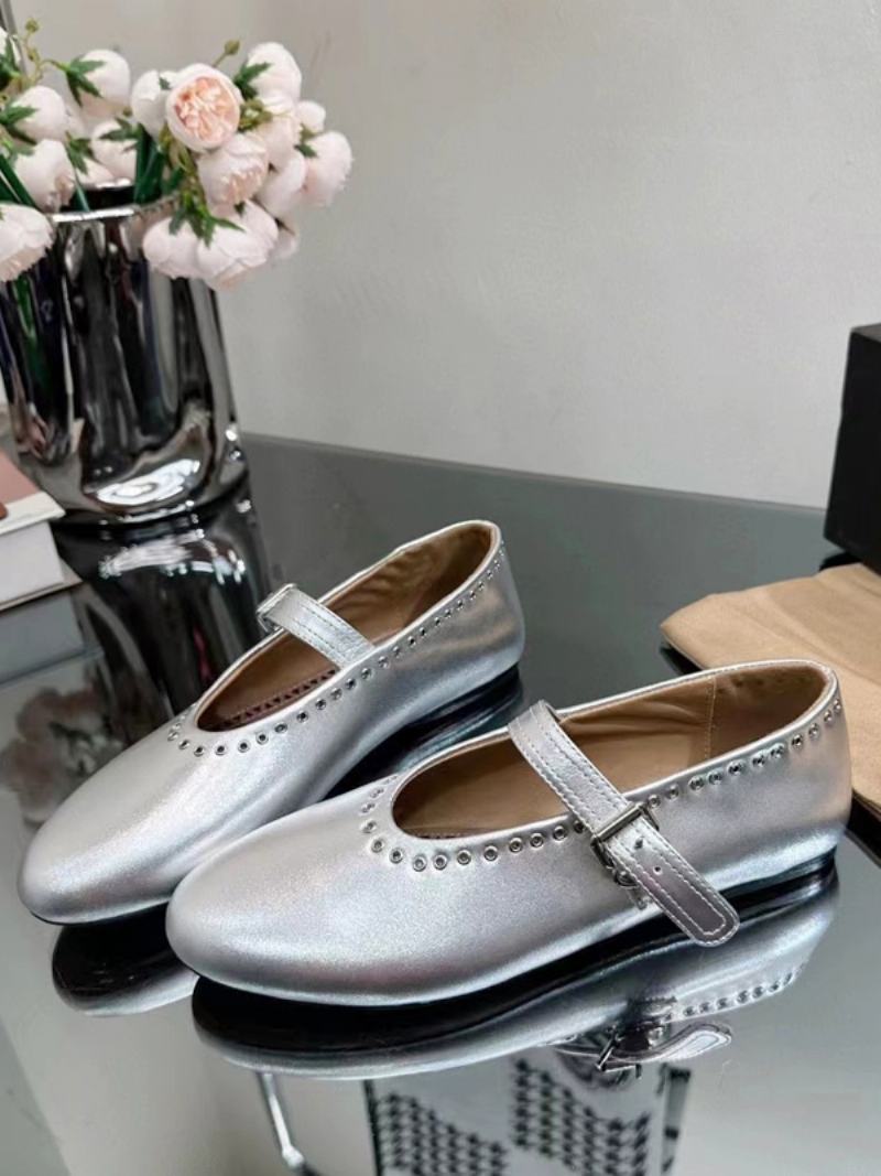 Dámské Ploché Boty Ballerina Flats Stříbrné Kulaté Špičky Mary Jane - Stříbrná