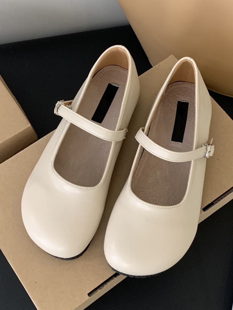 Dámské Ploché Boty Ballet Flats S Kulatou Přezkou Detaill - Béžová