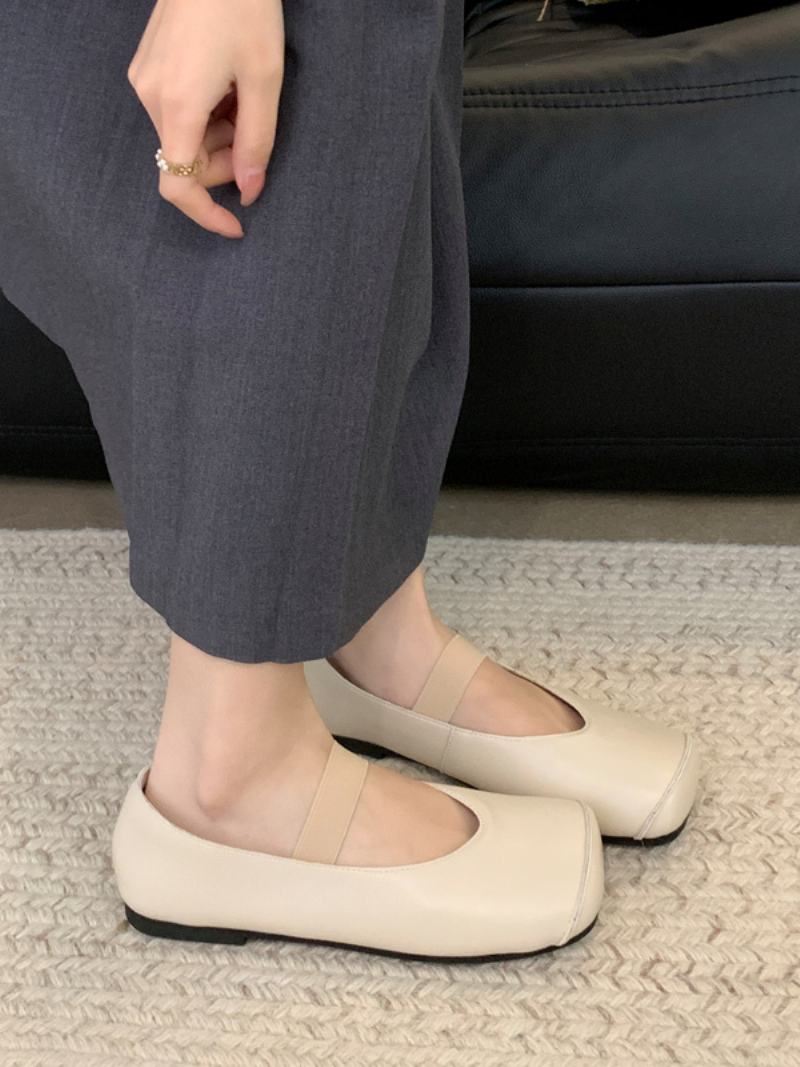 Dámské Ploché Boty Ballet Flats Z Pu Kůže Se Čtvercovou Špičkou - Béžová