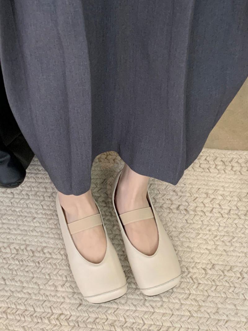 Dámské Ploché Boty Ballet Flats Z Pu Kůže Se Čtvercovou Špičkou - Béžová