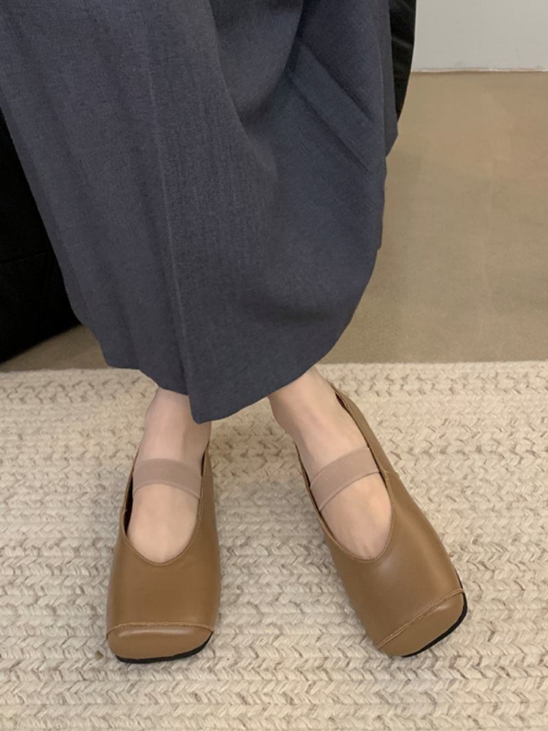 Dámské Ploché Boty Ballet Flats Z Pu Kůže Se Čtvercovou Špičkou - Khaki