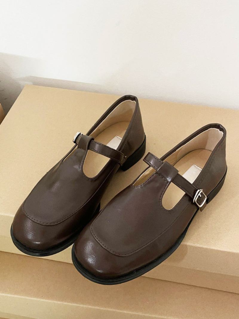 Dámské Vintage Mokasíny Suqare Toe Spona Puppy Heel Loafers - Kávově Hnědá