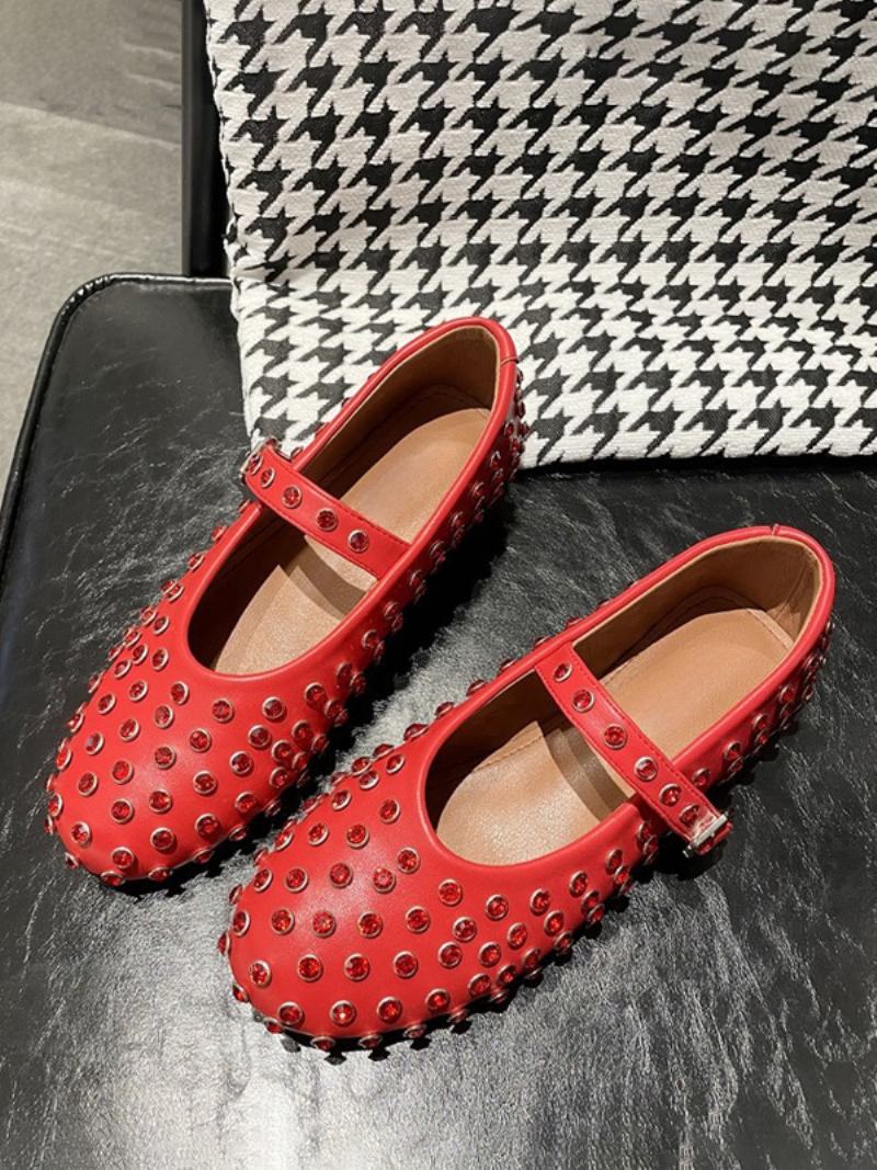 Dámské Černé Balerína Flats Rhinestones S Kulatou Špičkou Mary Jane Baletní Ploché Boty - Červená