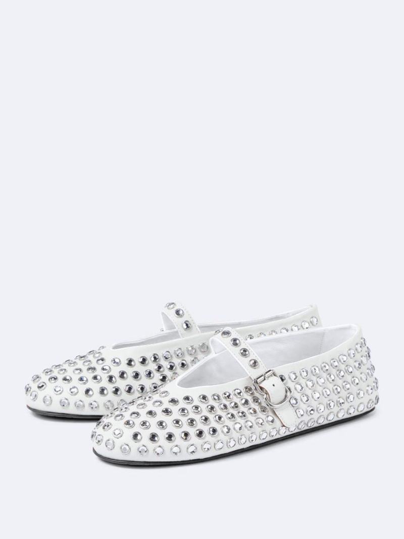 Dámské Černé Balerína Flats Rhinestones S Kulatou Špičkou Mary Jane Baletní Ploché Boty - Bílá