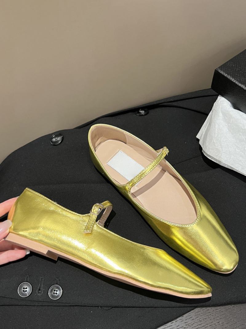 Dámské Černé Ploché Boty Kulaté Špičky Mary Jane Ballet Flats - Zlatá