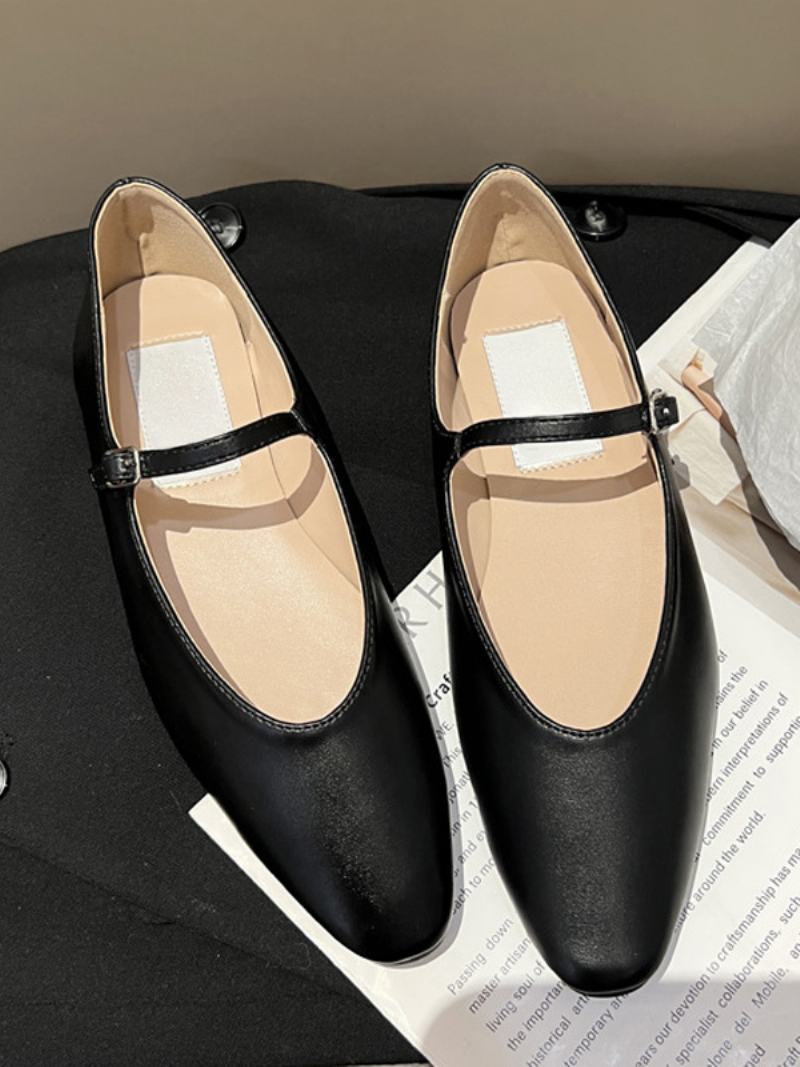 Dámské Černé Ploché Boty Kulaté Špičky Mary Jane Ballet Flats - Černá