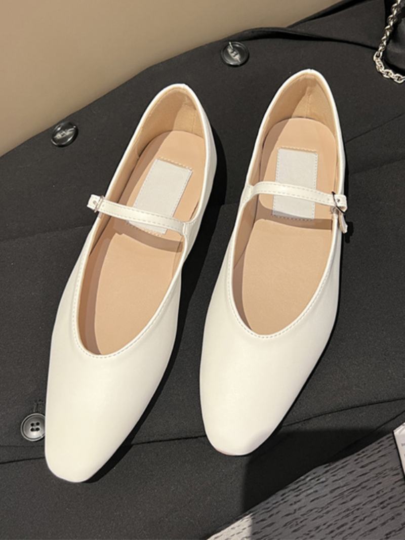 Dámské Černé Ploché Boty Kulaté Špičky Mary Jane Ballet Flats - Bílá