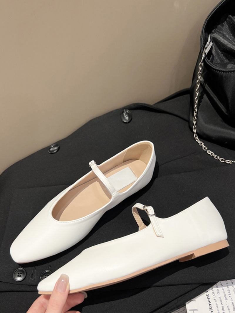 Dámské Černé Ploché Boty Kulaté Špičky Mary Jane Ballet Flats - Bílá