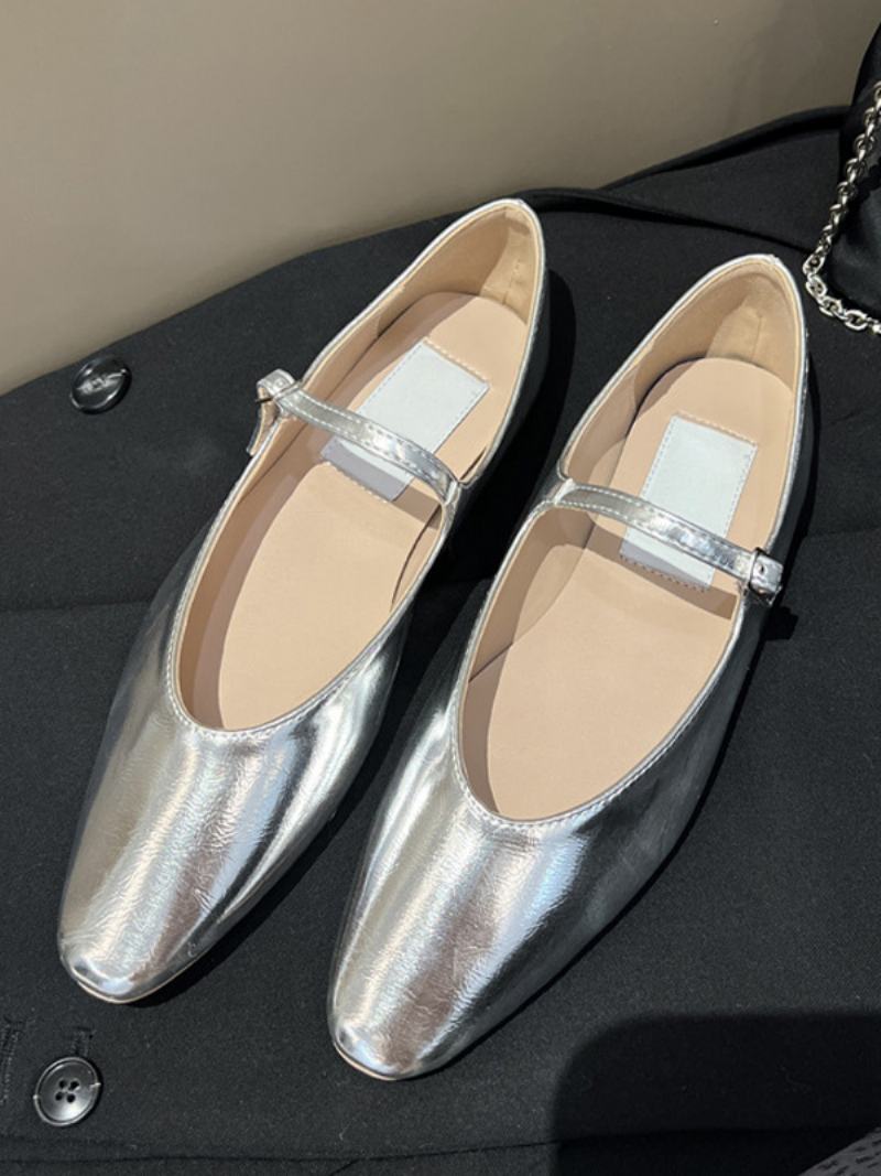 Dámské Černé Ploché Boty Kulaté Špičky Mary Jane Ballet Flats - Stříbrná