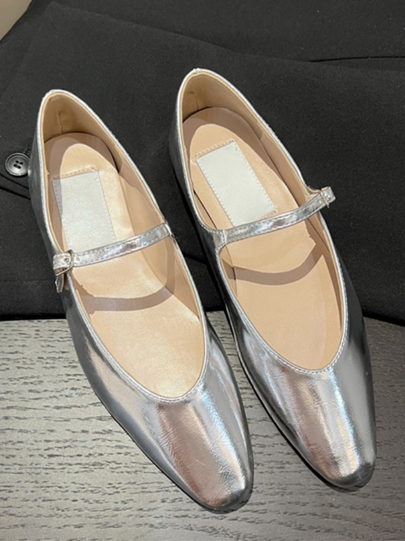 Dámské Černé Ploché Boty Kulaté Špičky Mary Jane Ballet Flats - Stříbrná