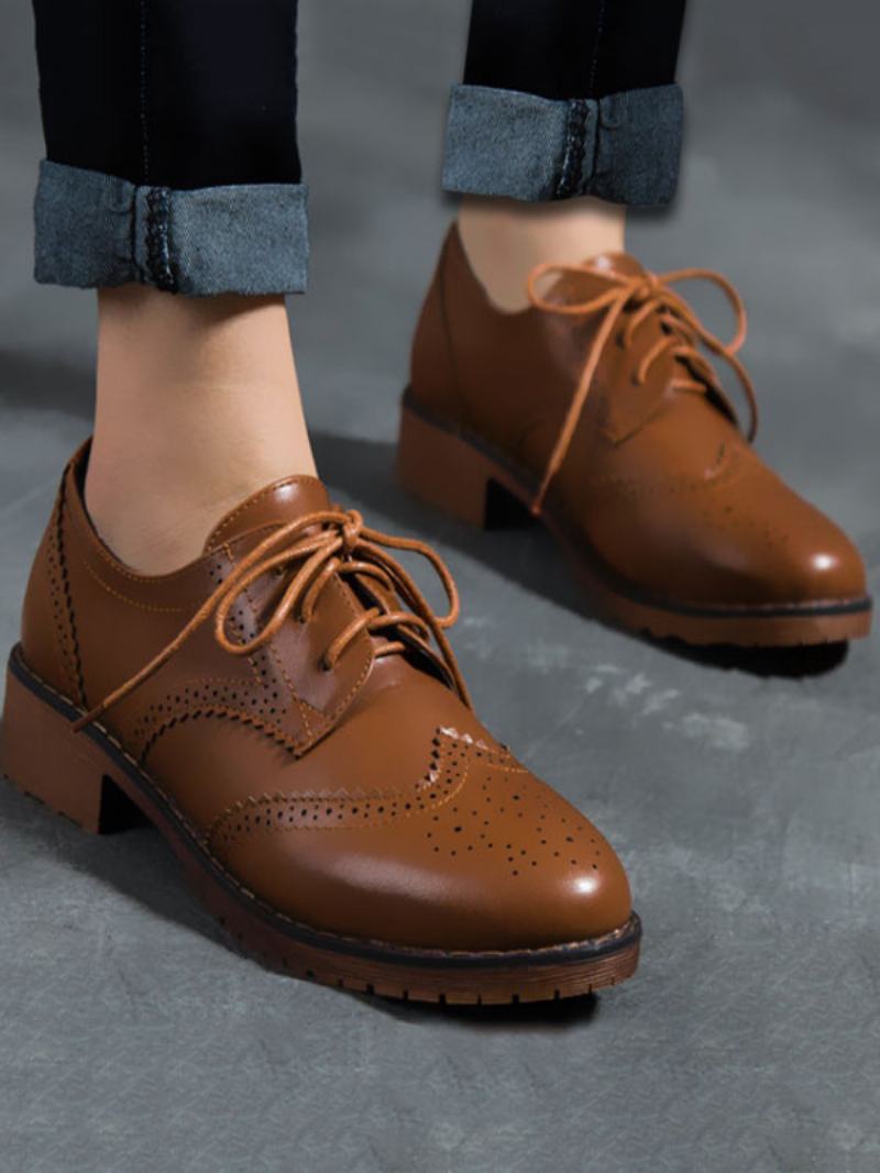 Dámské Šněrovací Boty Oxfords Wingtips - Kávově Hnědá