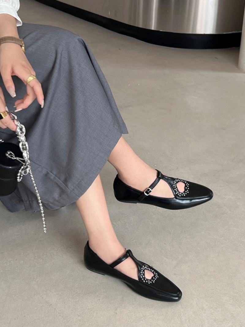 Ploché Boty Black Ballet Flats S Kamínky Se Čtvercovou Špičkou Pro Ženy - Černá