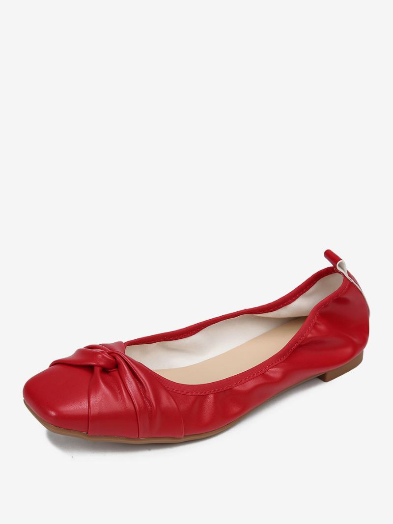 Red Ballet Flats Ženy Mašle Čtvercovou Špičkou Svázané Slip On Boty