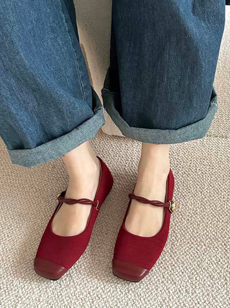 Red Ballet Flats Ženy S Čtvercovou Špičkou Vintage Ploché Boty