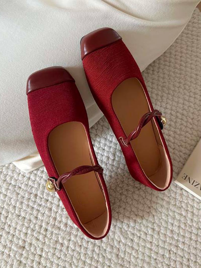 Red Ballet Flats Ženy S Čtvercovou Špičkou Vintage Ploché Boty - Vínová