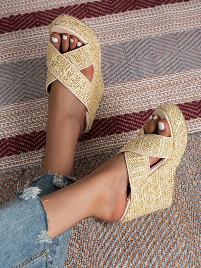 Dámské Hůlkové Sandály Na Klínu S Otevřenou Špičkou Criss Cross Sandal Slides - Světle Žlutá