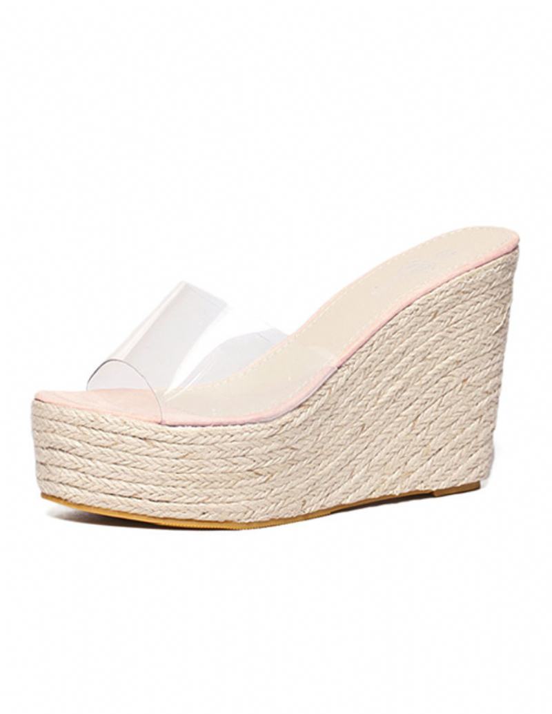 Dámské Meruňkové Sandály Na Klínku Clear Peep Toe Mule Espadrille Wedges - Růžová