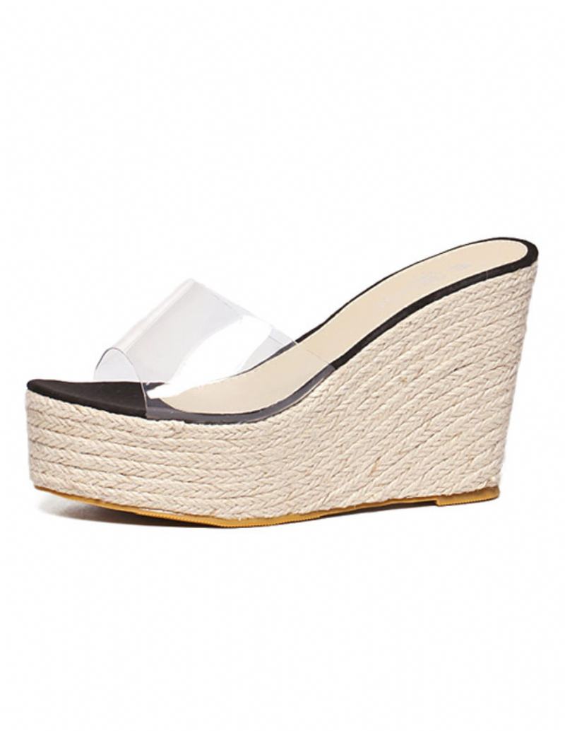 Dámské Meruňkové Sandály Na Klínku Clear Peep Toe Mule Espadrille Wedges - Černá