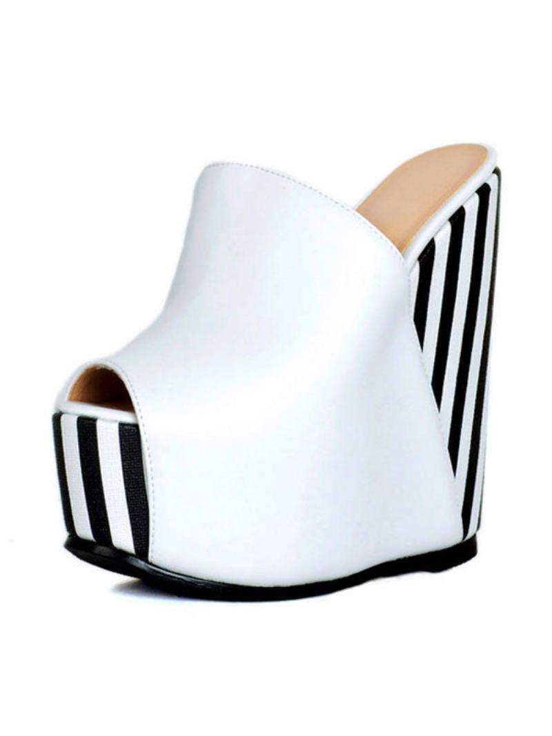 Dámské Pruhy Platforma Wedge Mules - Bílý