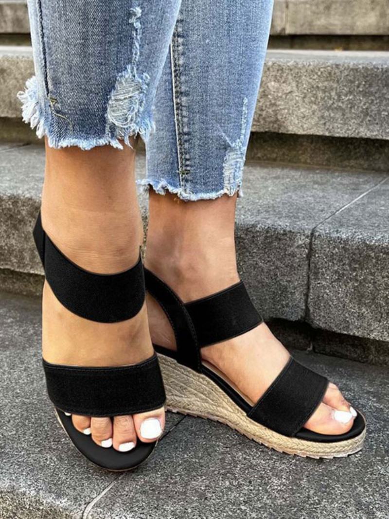 Dámské Sandály Espadrilky Na Klínu Street Wear Pu Kožené S Otevřenou Špičkouespadrilky - Černá