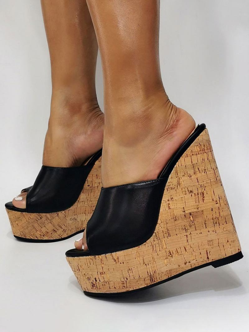 Dámské Černé Sandály Na Platformě Peep Toe Wedge