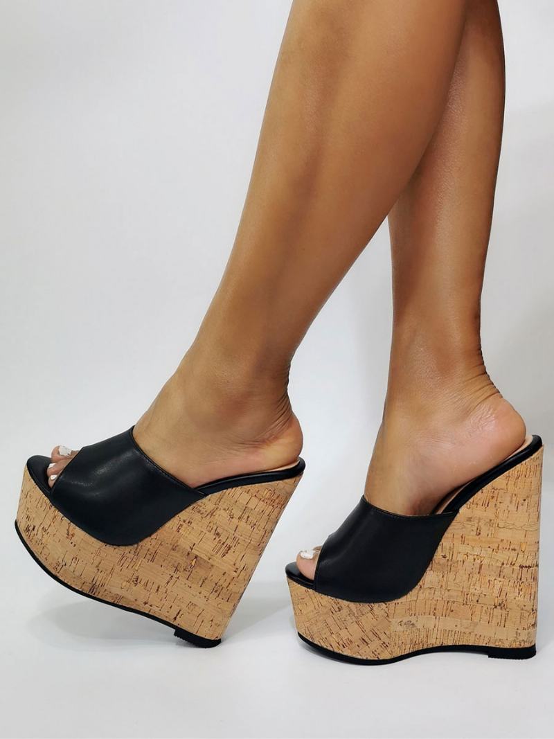 Dámské Černé Sandály Na Platformě Peep Toe Wedge - Černá