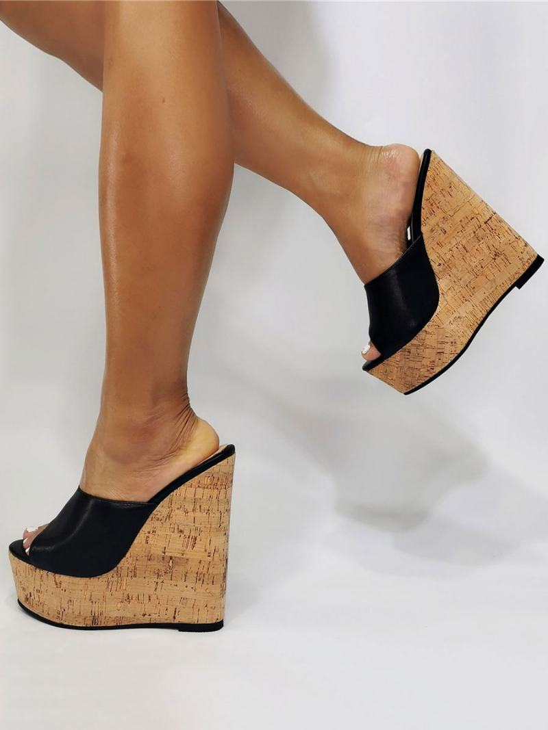 Dámské Černé Sandály Na Platformě Peep Toe Wedge - Černá