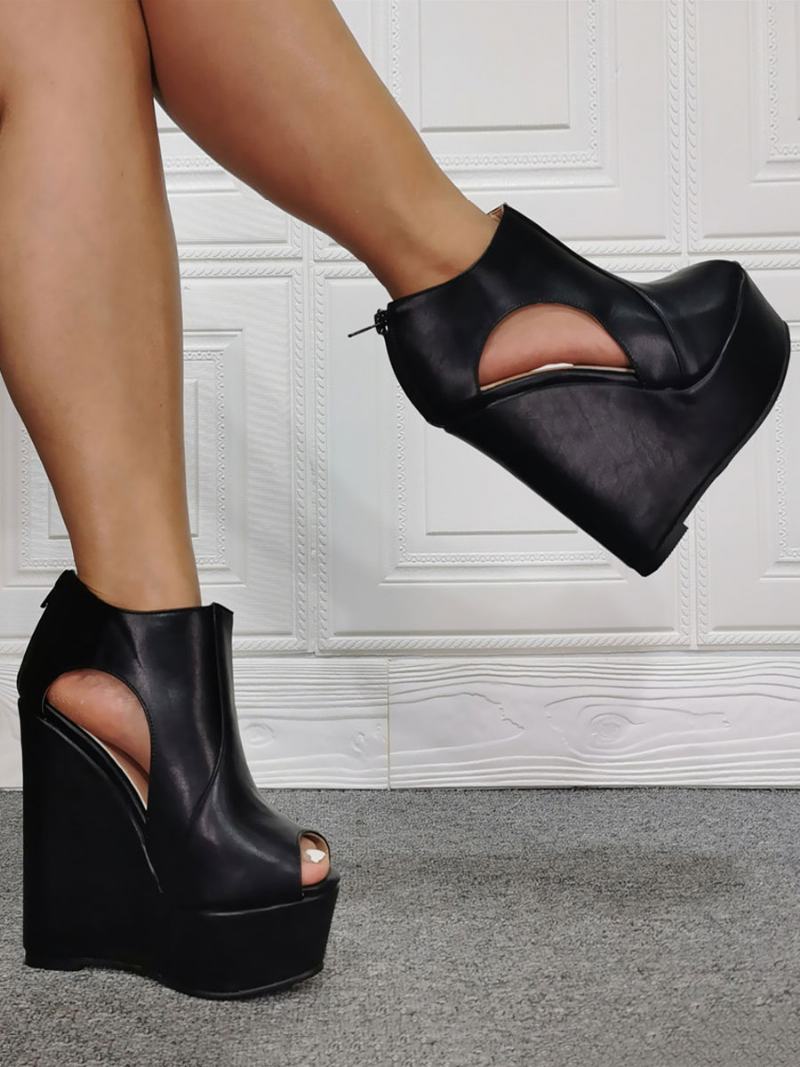 Sexy Sandály Pro Ženy Černá Pu Kůže Peep Toe 1.8 Palce 6.1 Boty Velké Velikosti - Černá