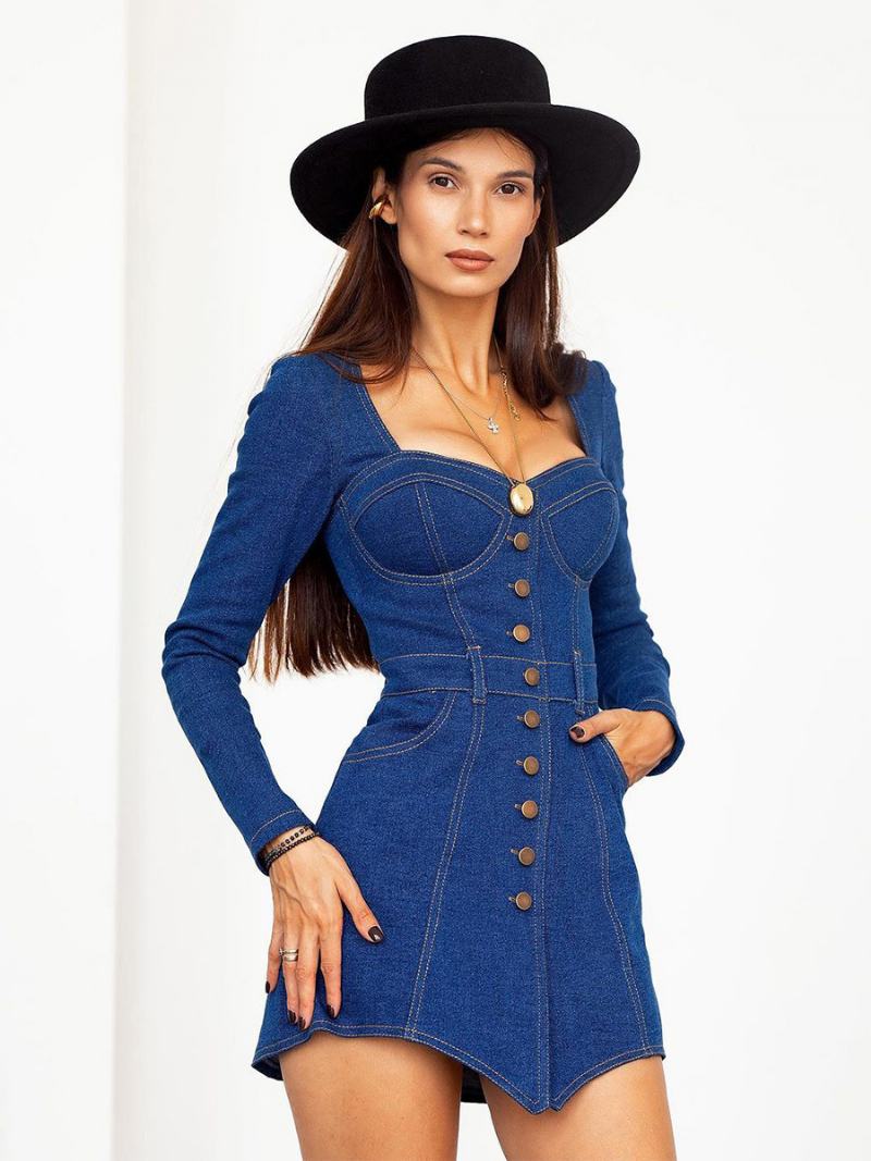 Dámské Džínové Šaty Bodycon Sweetheart Neck Buttons Mini Pouzdrové - Modrý