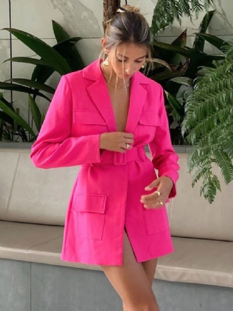 Blazer Jacket Rose Jednobarevné Turndown Límec Opasek Uvolněný Střih Jarní Podzim Elegantní Šaty Streetové Svrchní Oblečení Pro Ženy