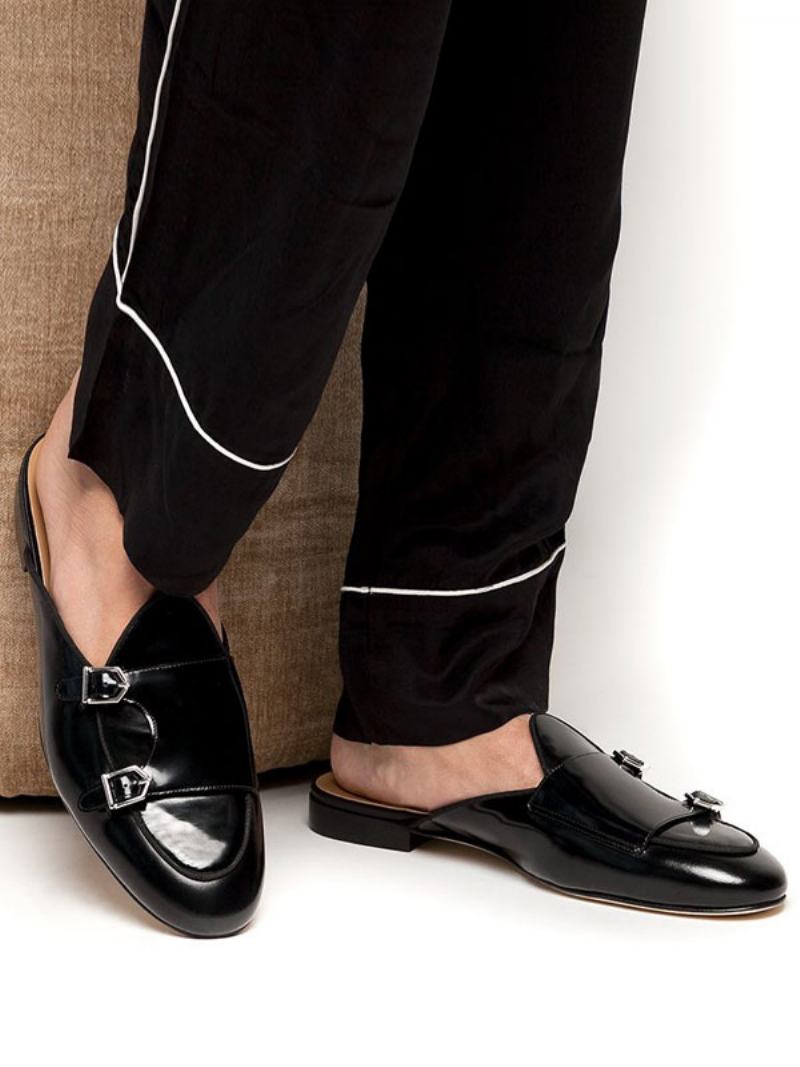 Pánské Black Monk Strap Loafer Mules Slip Na Plesové Společenské Boty - Černá