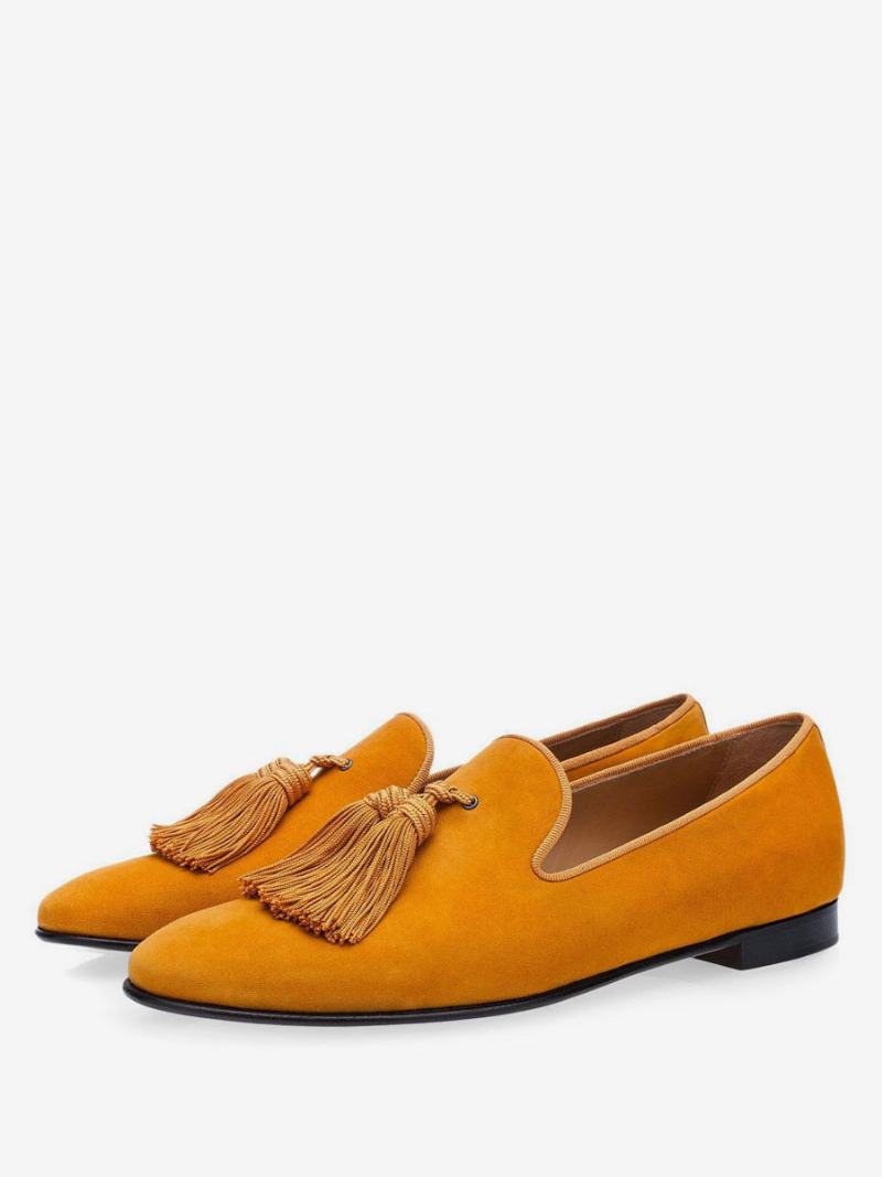 Pánské Boty Mustard Slip On Tassel Mokasíny V Pantoflích Svatební Na Ples