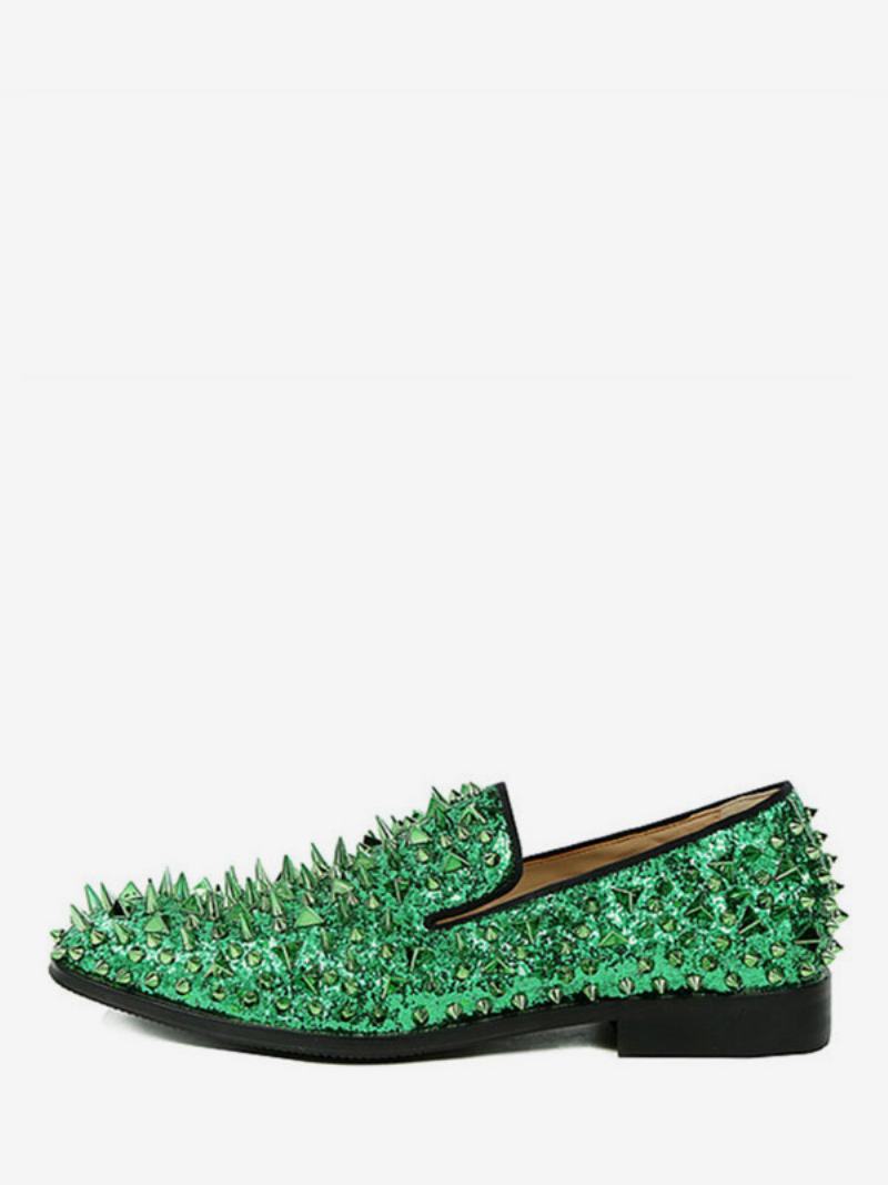 Pánské Boty Spike Loafers Glitter Blue Kulaté Špičky Prom Party Svatební - Zelená