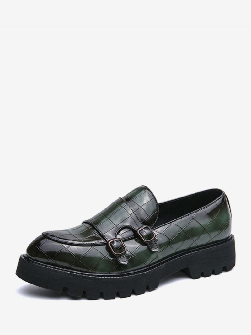 Pánské Mokasínové Boty Pu Leather Monk Strap Plaid Slip-on