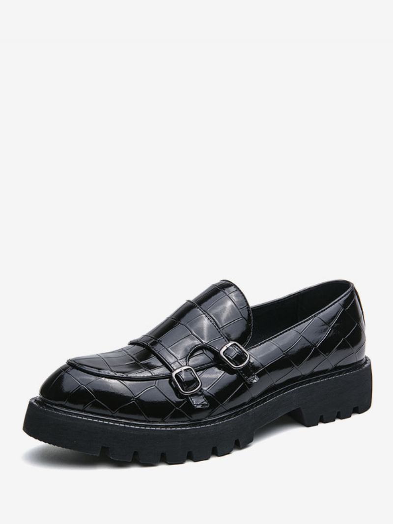 Pánské Mokasínové Boty Pu Leather Monk Strap Plaid Slip-on - Černá