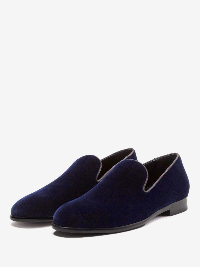 Pánské Červené Sametové Pantofle Mokasíny Svatební Boty S Kulatou Špičkou Slip On - Deep Blue