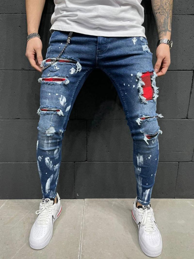 Kalhoty Pro Muže Casual Distressed Skinny Deep Blue Pánské