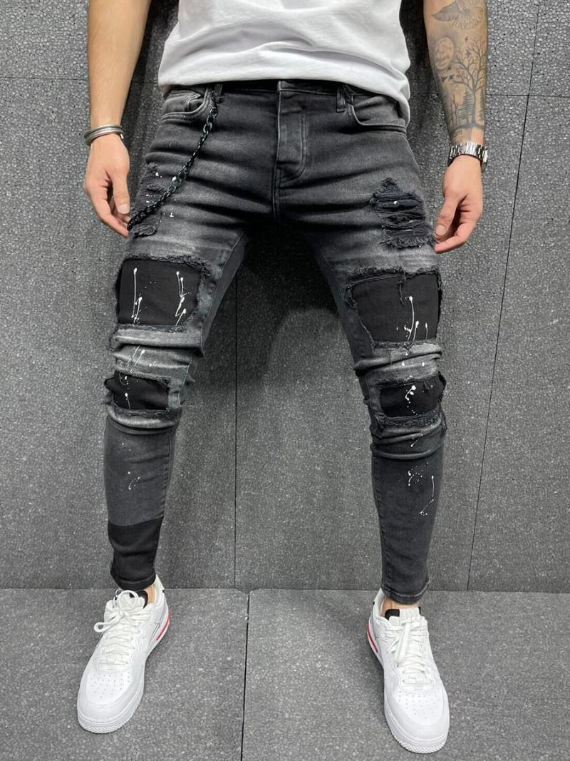 Pánské Džíny Pánská Móda Chic Distressed Antique Design Skinny Black