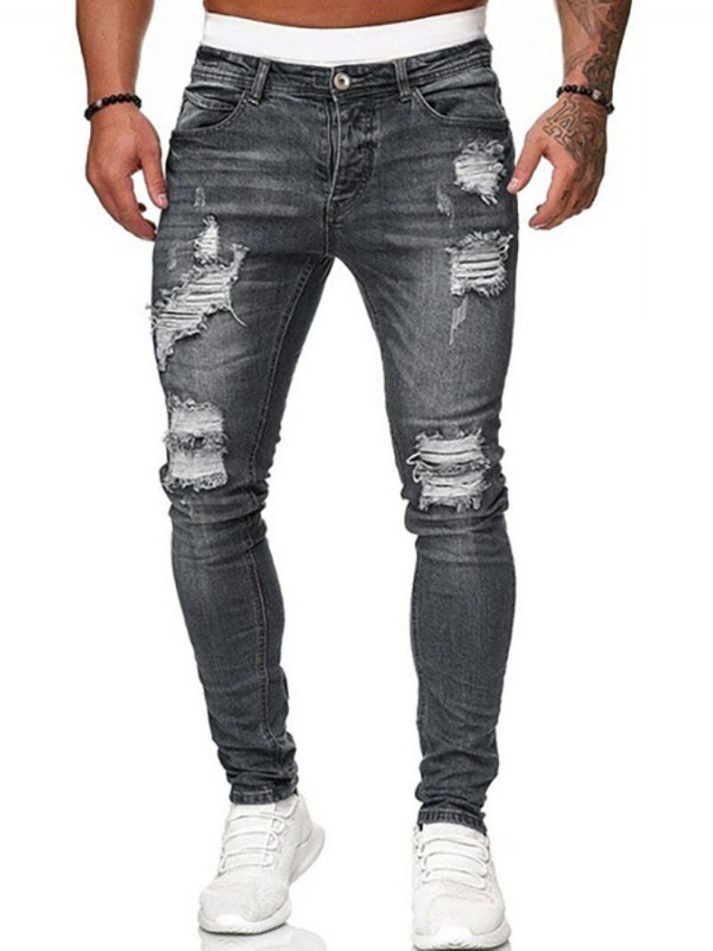 Pánské Džíny Pro Muže Chic Distressed Antique Design Skinny Deep Blue - Šedá