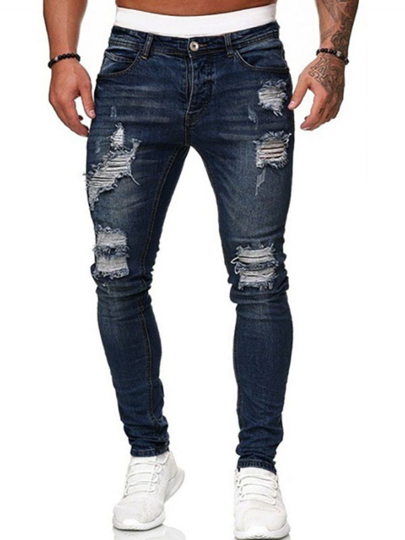 Pánské Džíny Pro Muže Chic Distressed Antique Design Skinny Deep Blue - Modrá