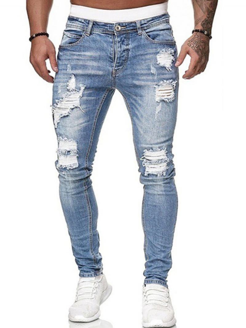 Pánské Džíny Pro Muže Chic Distressed Antique Design Skinny Deep Blue - Světle Nebesky Modrá