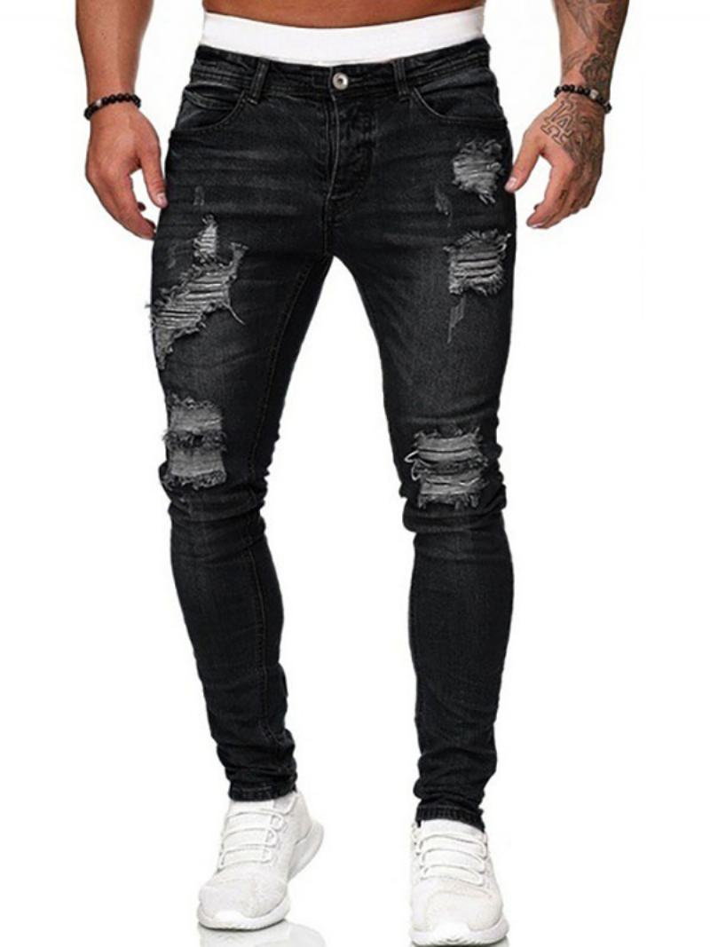 Pánské Džíny Pro Muže Chic Distressed Antique Design Skinny Deep Blue - Černá