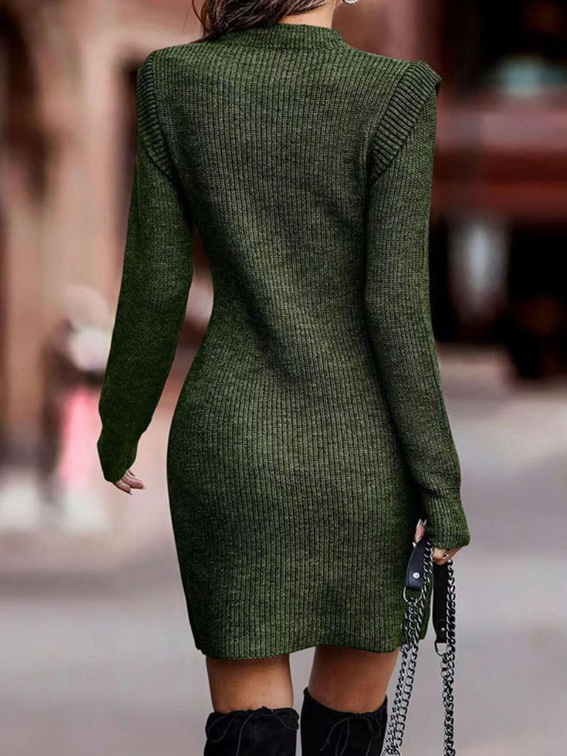 Dámské Pletené Šaty S Dlouhými Rukávy Jewel Neck Fall Mini Bodycon - Hunter Green