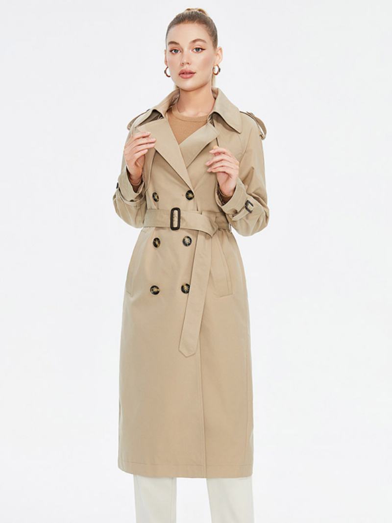 Dámský Trenčkot Turndown Collar Double Breasted Belted Outerwear - Khaki