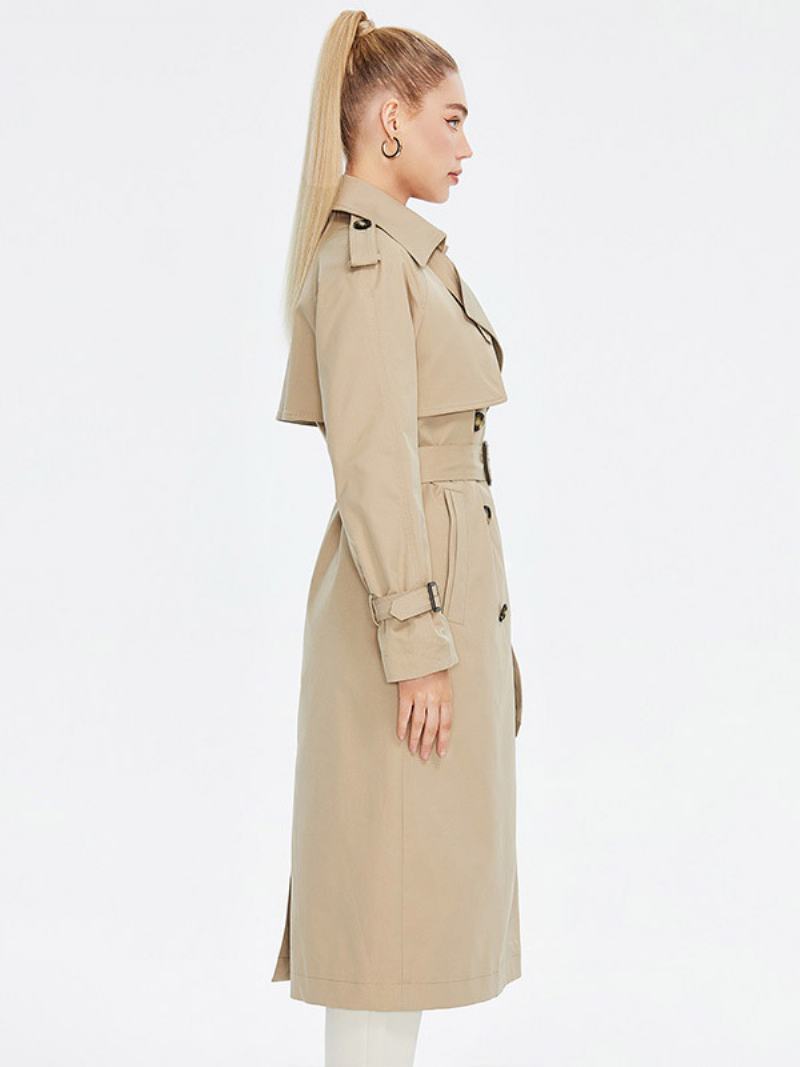 Dámský Trenčkot Turndown Collar Double Breasted Belted Outerwear - Khaki