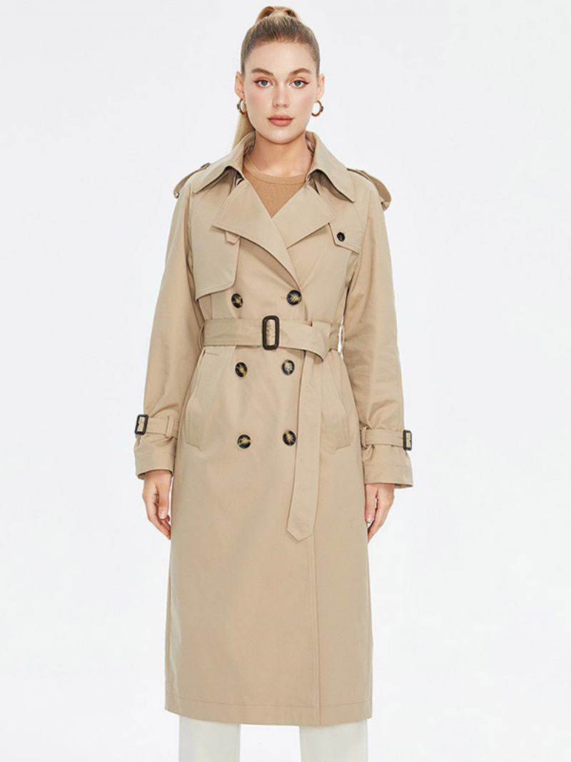 Dámský Trenčkot Turndown Collar Double Breasted Belted Outerwear - Khaki