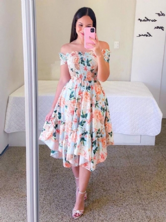 Dámské Kapesníkové Šaty Smocked Floral Off The Shouder Summer Midi Dresses